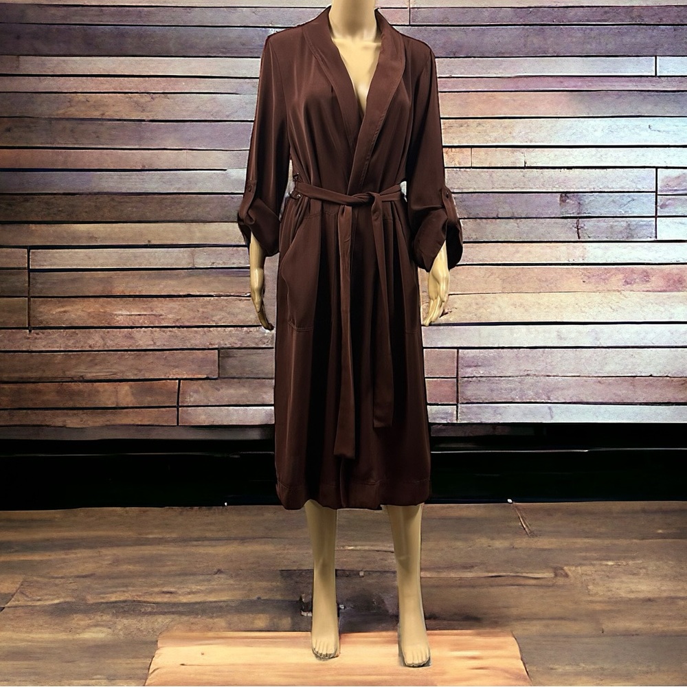 DR2 Daniel Rainn Long Woven Open Belted Trench Coat Chestnut Nordstrom Womens L - Picture 12 of 15